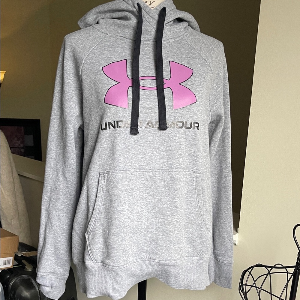 Under Armour Heather Gray Hoodie with Pink Emblem